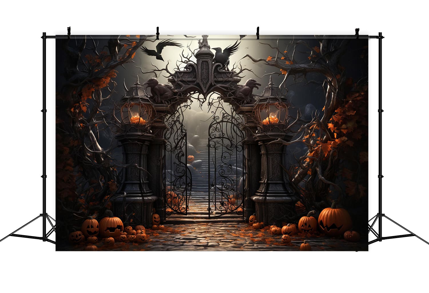 Toile de Fond de Citrouilles de Portail de Cimetière d'Halloween RR7-107