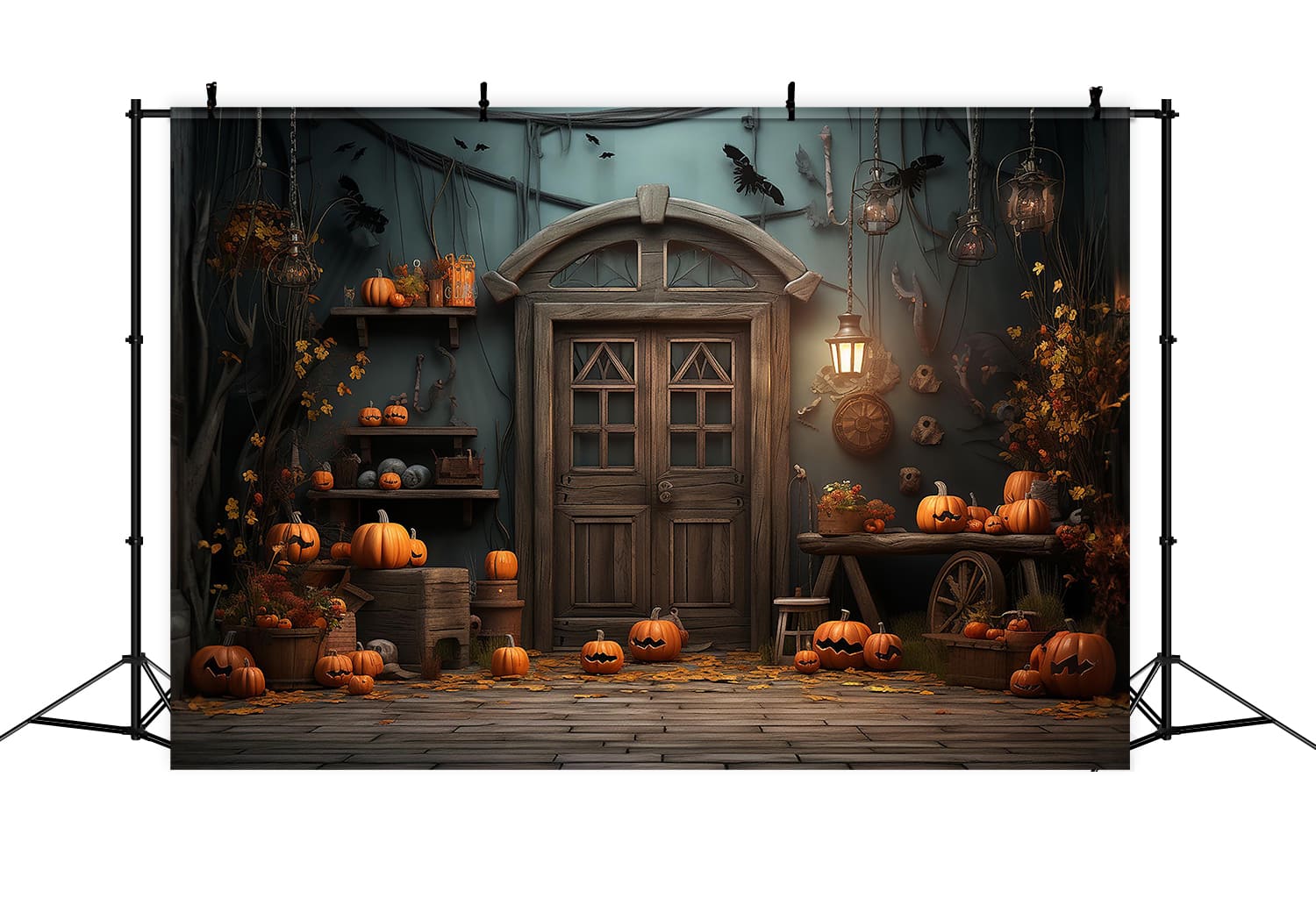 Toile de Fond de Photographie de Porte de Grange avec Citrouilles d'Halloween RR7-109