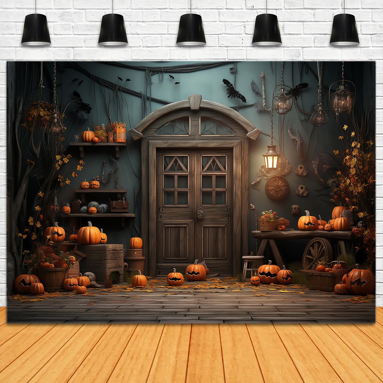 Toile de Fond de Photographie de Porte de Grange avec Citrouilles d'Halloween RR7-109