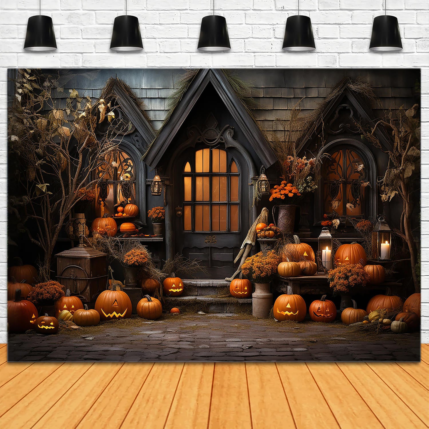 Toile de Fond de Photographie de Citrouilles et Bougies d'Halloween RR7-110