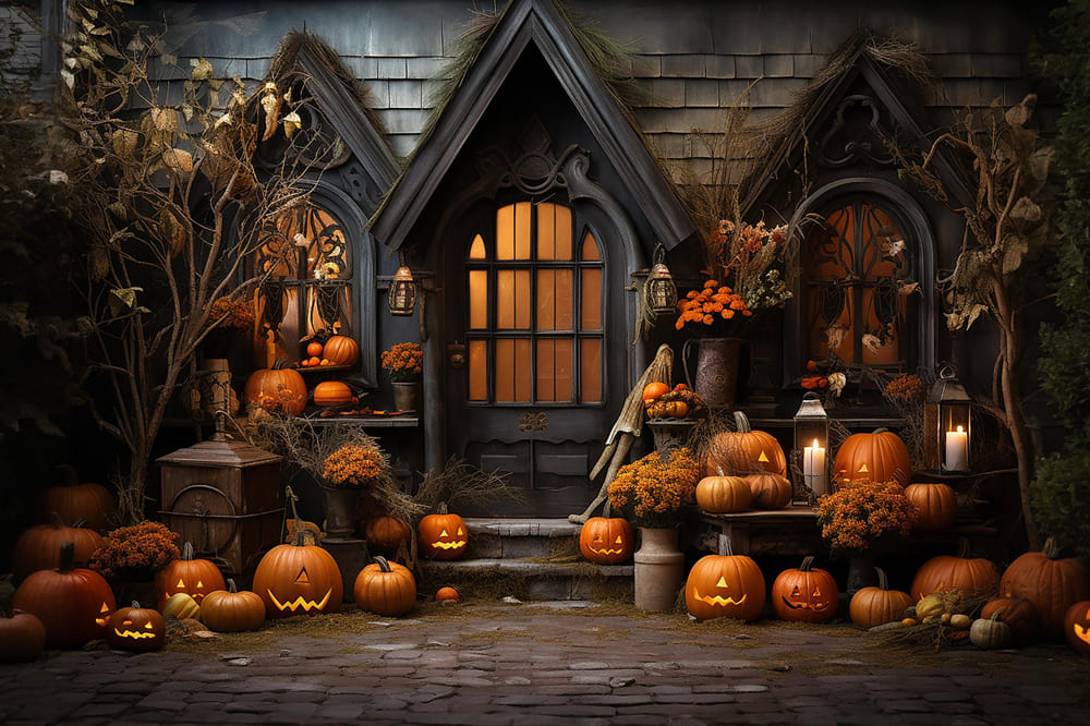 Toile de Fond de Photographie de Citrouilles et Bougies d'Halloween RR7-110