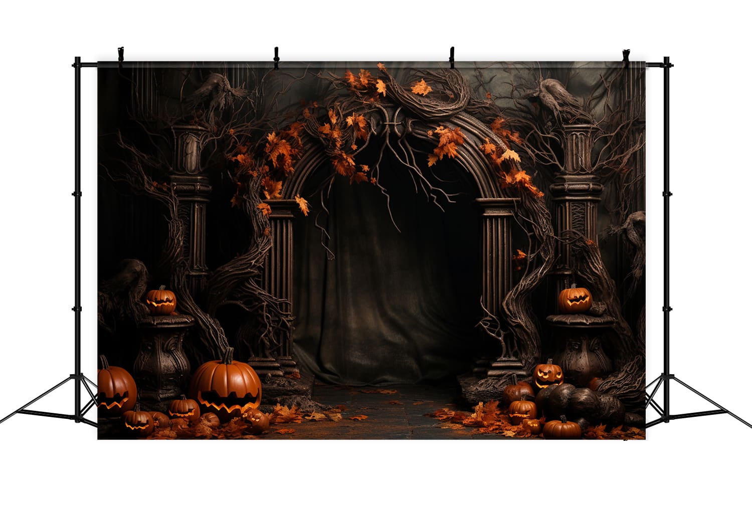 Toile de Fond de Porte Arche avec Feuilles d'Érable et Citrouilles d'Halloween RR7-111