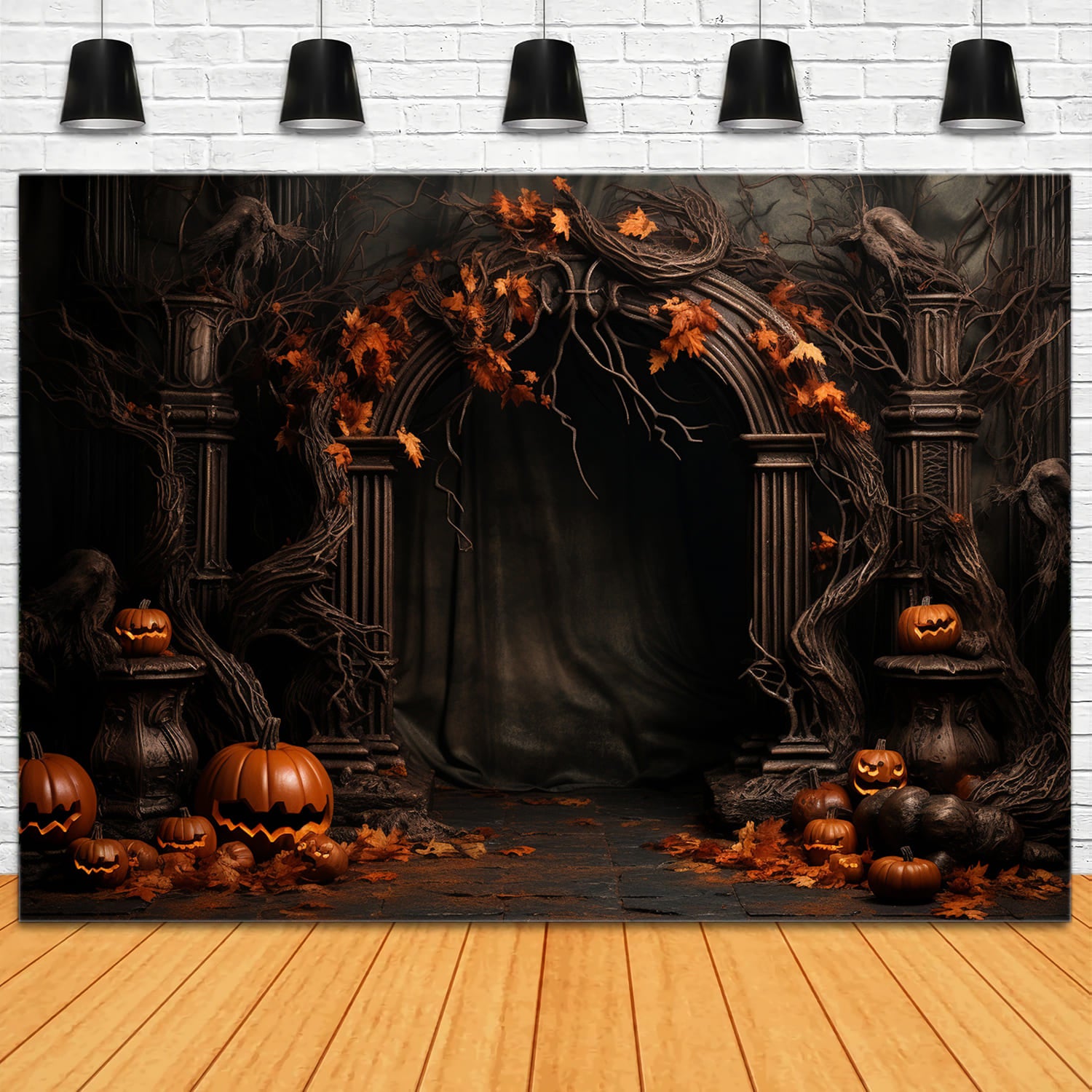 Toile de Fond de Porte Arche avec Feuilles d'Érable et Citrouilles d'Halloween RR7-111