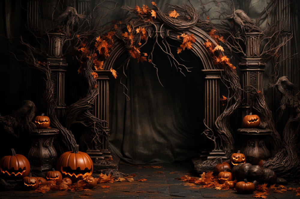 Toile de Fond de Porte Arche avec Feuilles d'Érable et Citrouilles d'Halloween RR7-111