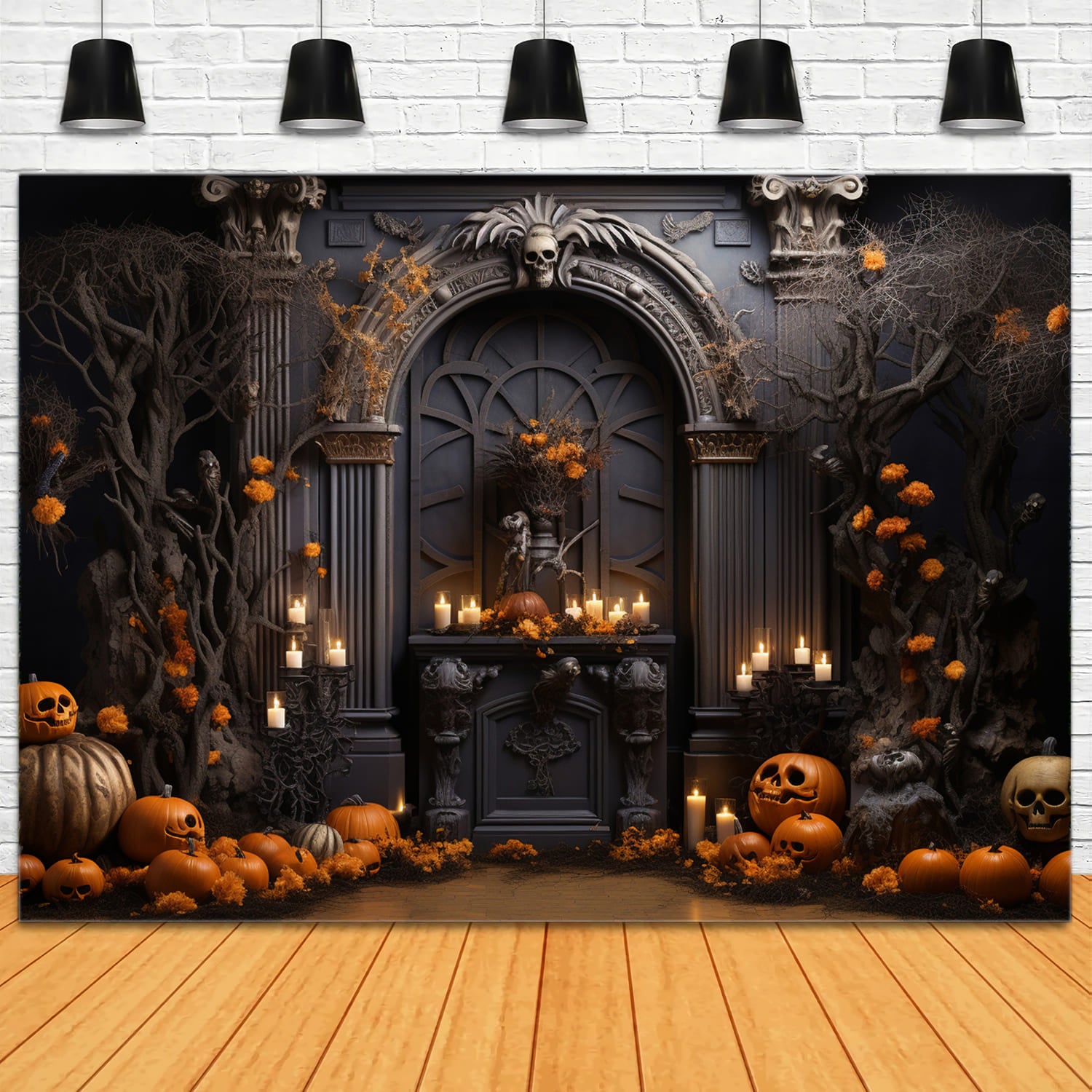 Toile de Fond de Mur avec Citrouilles et Bougies d'Halloween RR7-112