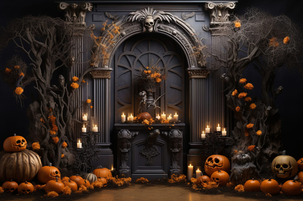 Toile de Fond de Mur avec Citrouilles et Bougies d'Halloween RR7-112