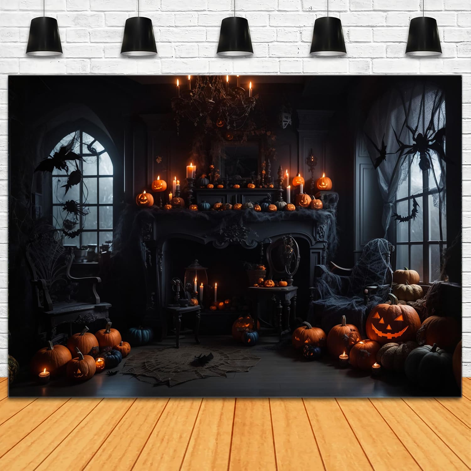 Toile de Fond de Bougies Citrouilles de Salle Sombre d'Halloween RR7-114