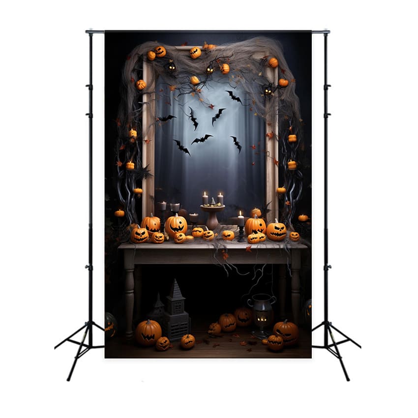 Toile de Fond de Chauves-Souris et Bougies avec Citrouille Maléfique d'Halloween RR7-115