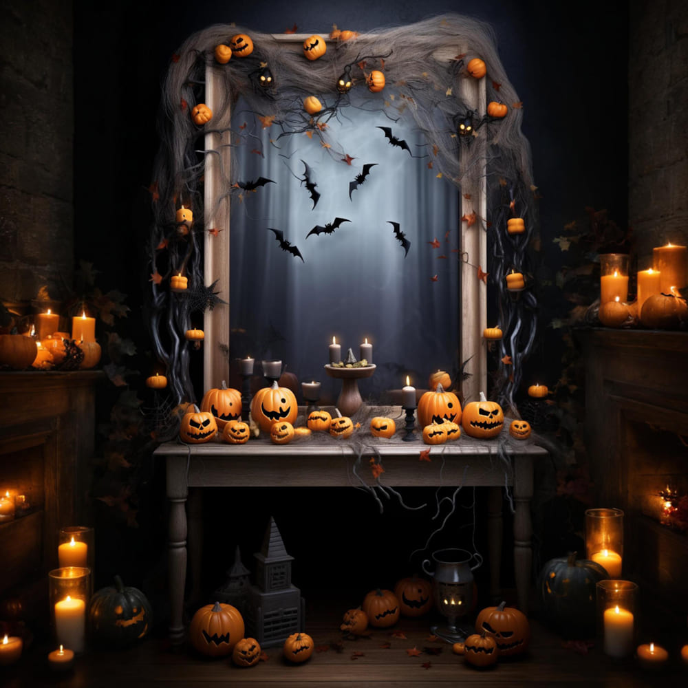 Toile de Fond de Chauves-Souris et Bougies avec Citrouille Maléfique d'Halloween RR7-115