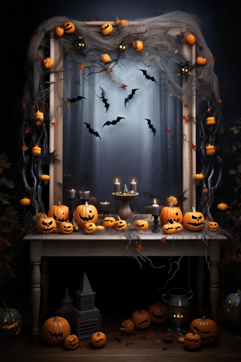 Toile de Fond de Chauves-Souris et Bougies avec Citrouille Maléfique d'Halloween RR7-115