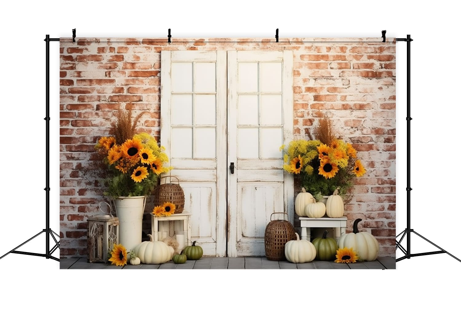 Toile de Fond de Mur de Briques avec Tournesol et Citrouilles d'Automne RR7-116