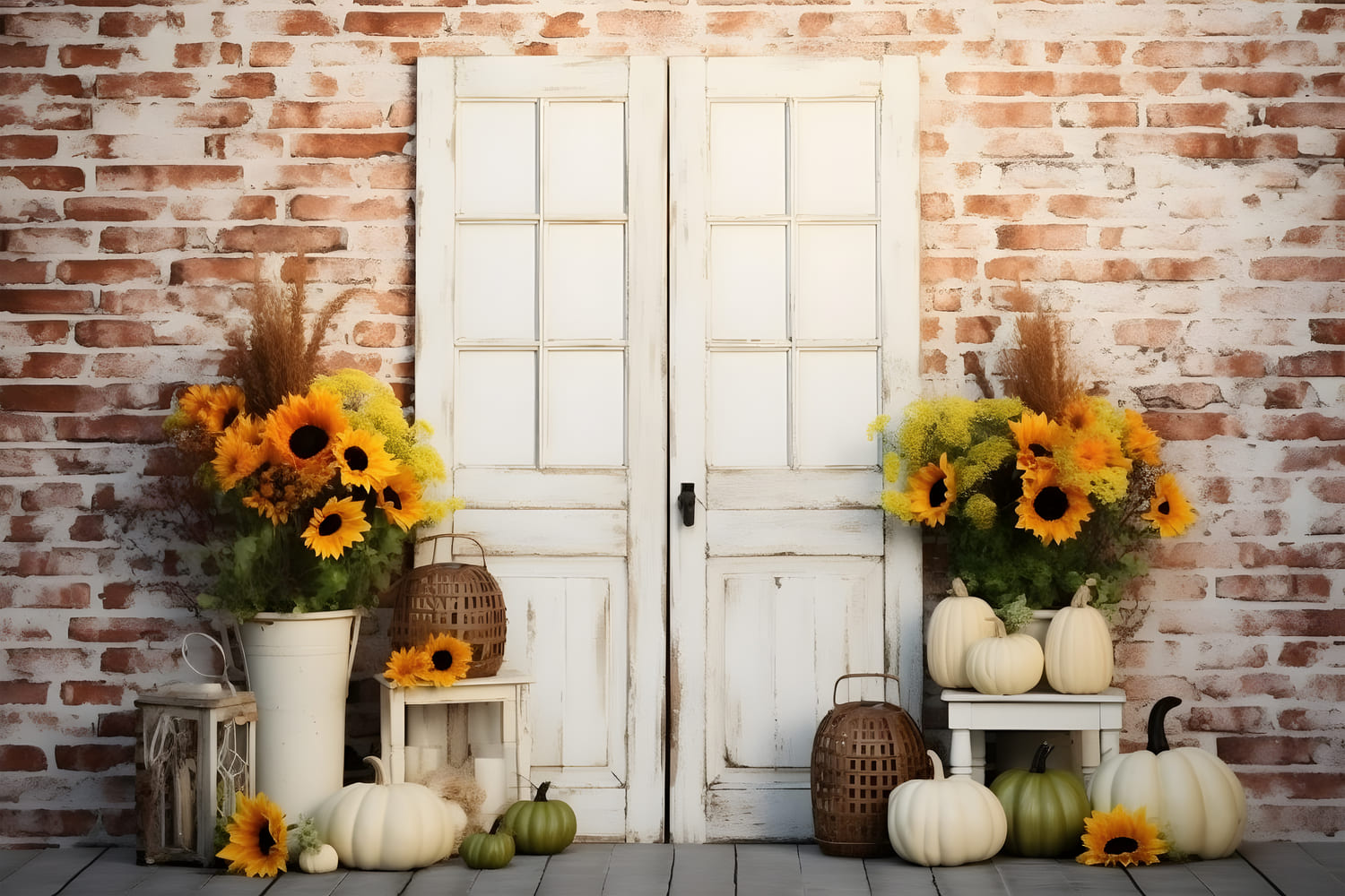 Toile de Fond de Mur de Briques avec Tournesol et Citrouilles d'Automne RR7-116