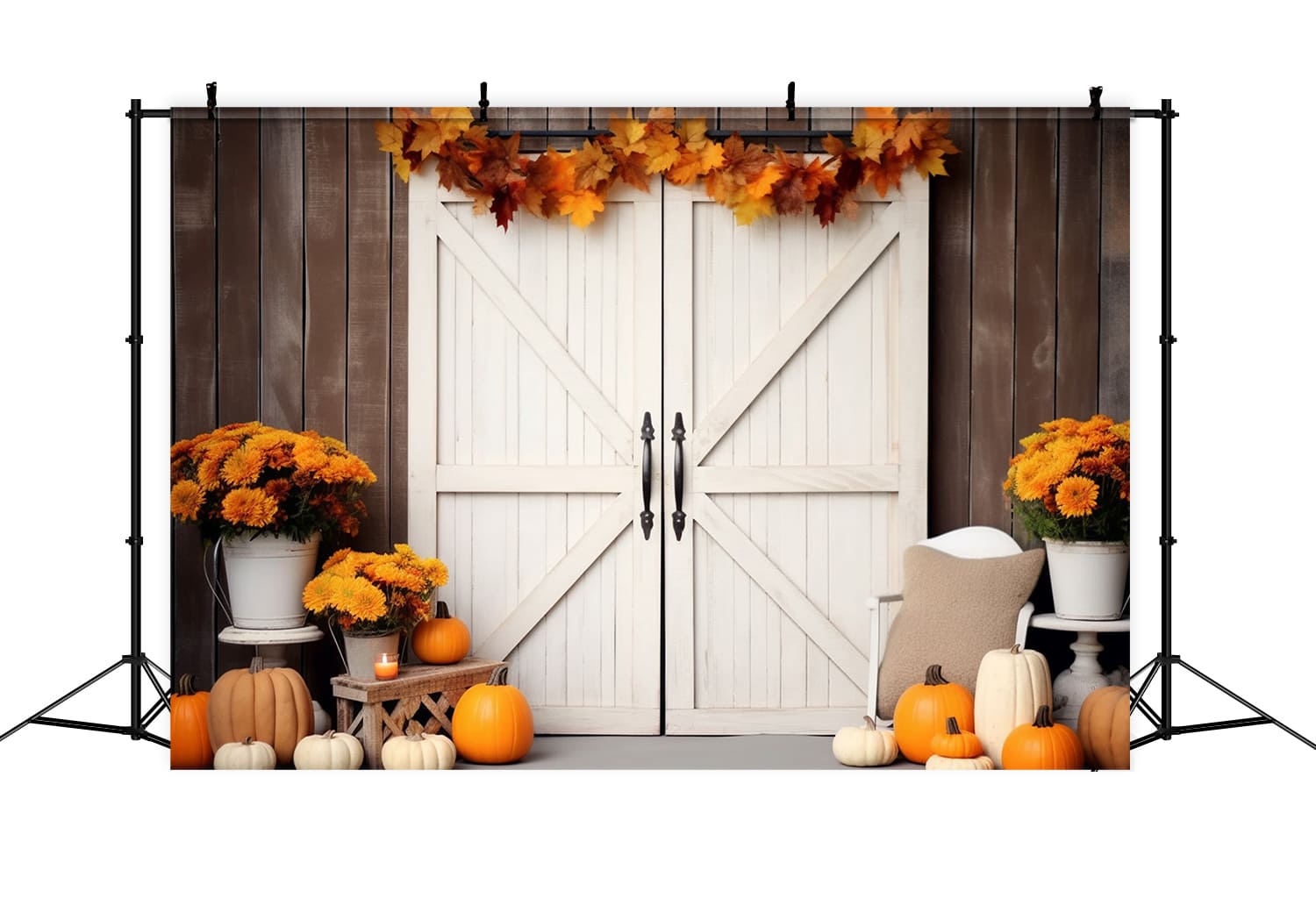 Toile de Fond de Porte avec Citrouilles et Feuilles d'Érable d'Automne RR7-120