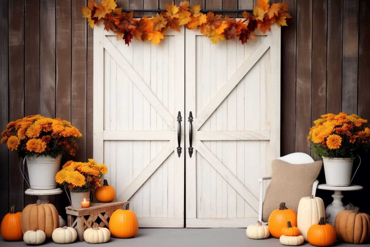 Toile de Fond de Porte avec Citrouilles et Feuilles d'Érable d'Automne RR7-120