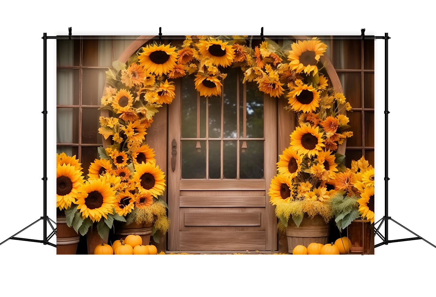 Toile de Fond de Porte de Grange avec Couronne de Tournesols d'Automne RR7-125