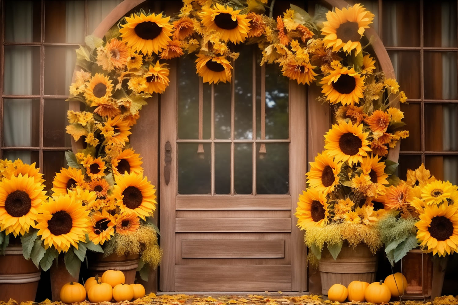 Toile de Fond de Porte de Grange avec Couronne de Tournesols d'Automne RR7-125