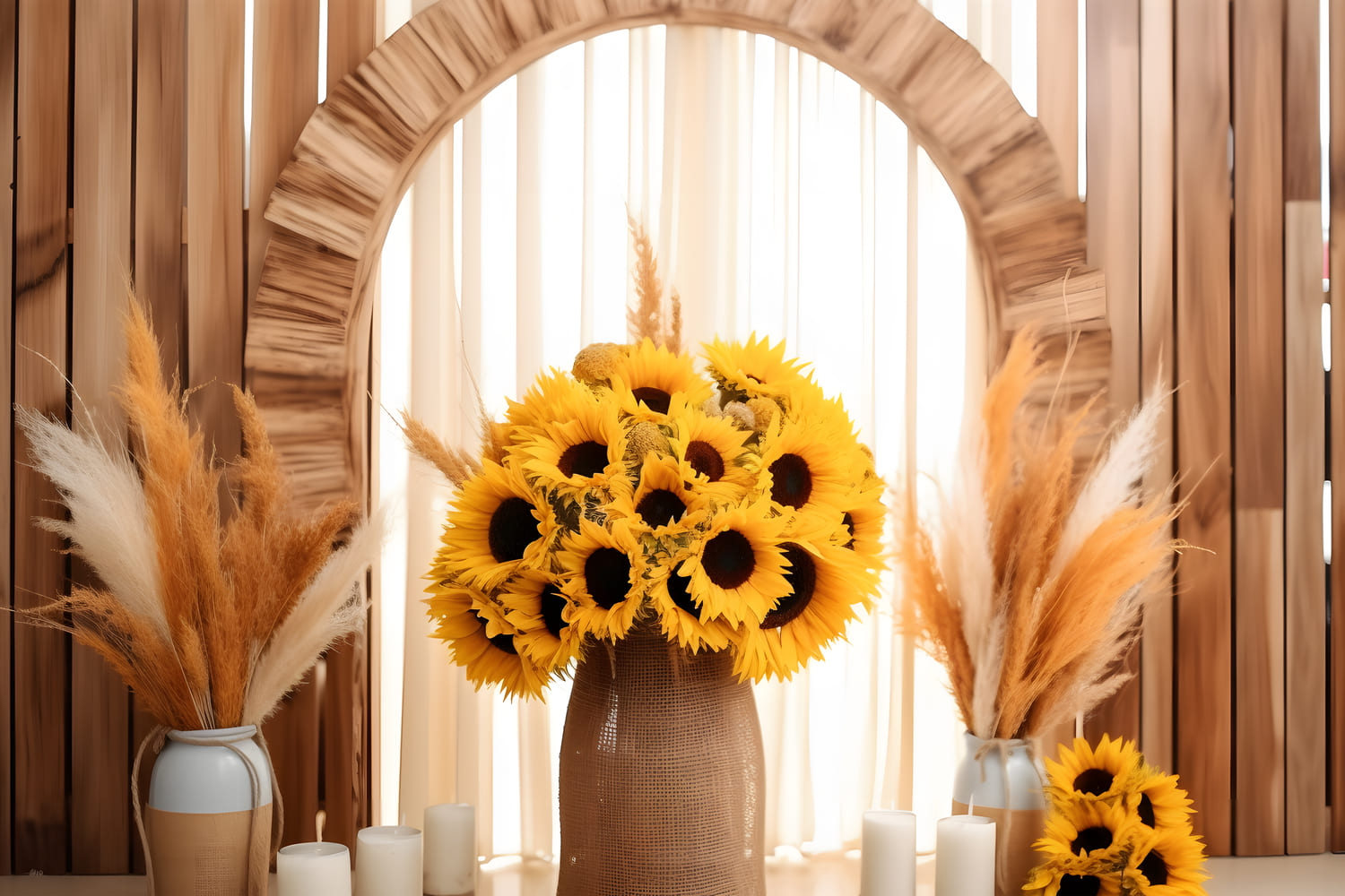 Toile de Fond de Bouquet de Tournesols et Roseaux Séchés d'Automne RR7-128