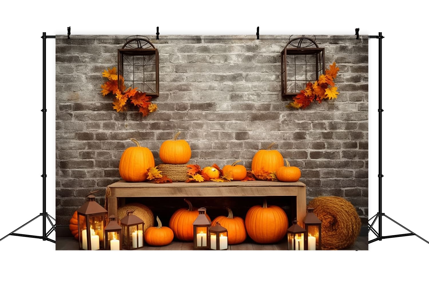 Toile de Fond de Mur de Briques avec Citrouilles de Récolte d'Automne RR7-132