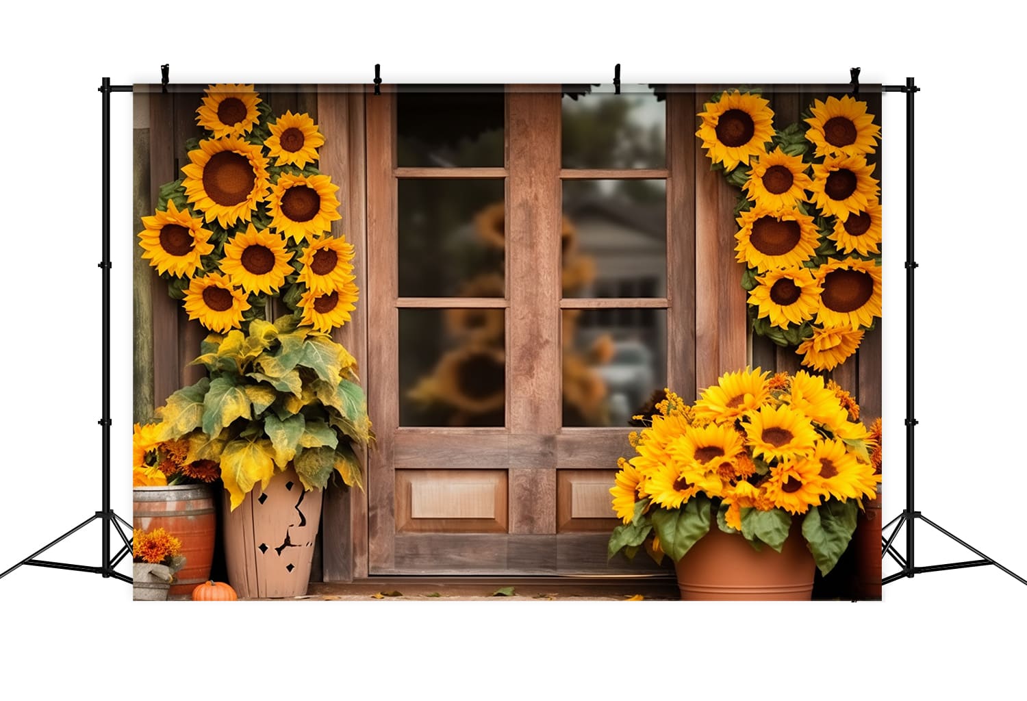 Toile de Fond de Porte de Grange en Bois avec Tournesols d'Automne RR7-136