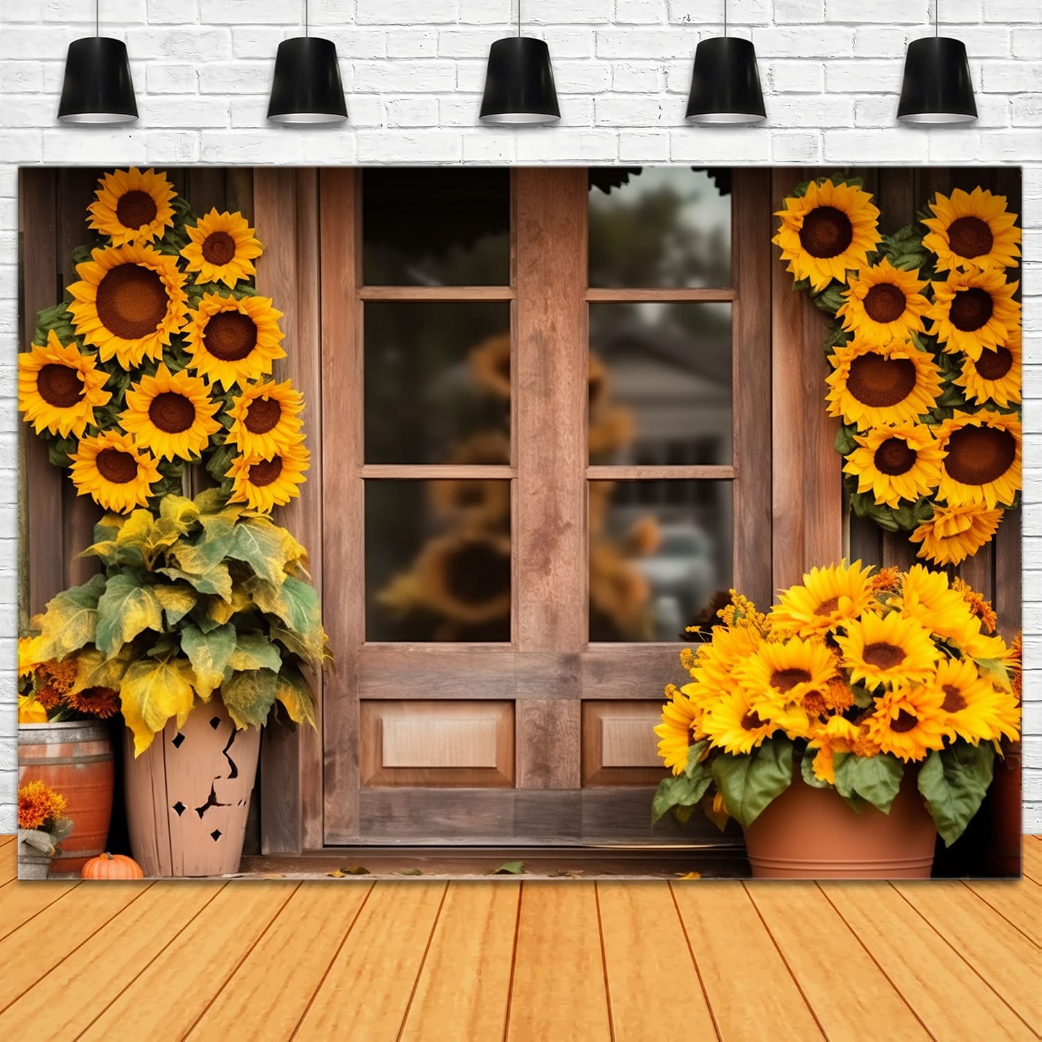 Toile de Fond de Porte de Grange en Bois avec Tournesols d'Automne RR7-136