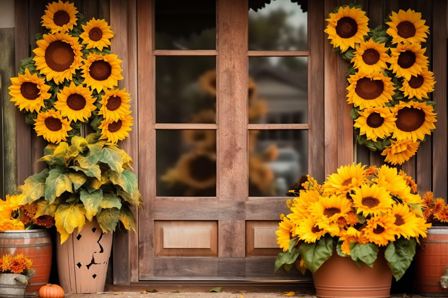 Toile de Fond de Porte de Grange en Bois avec Tournesols d'Automne RR7-136