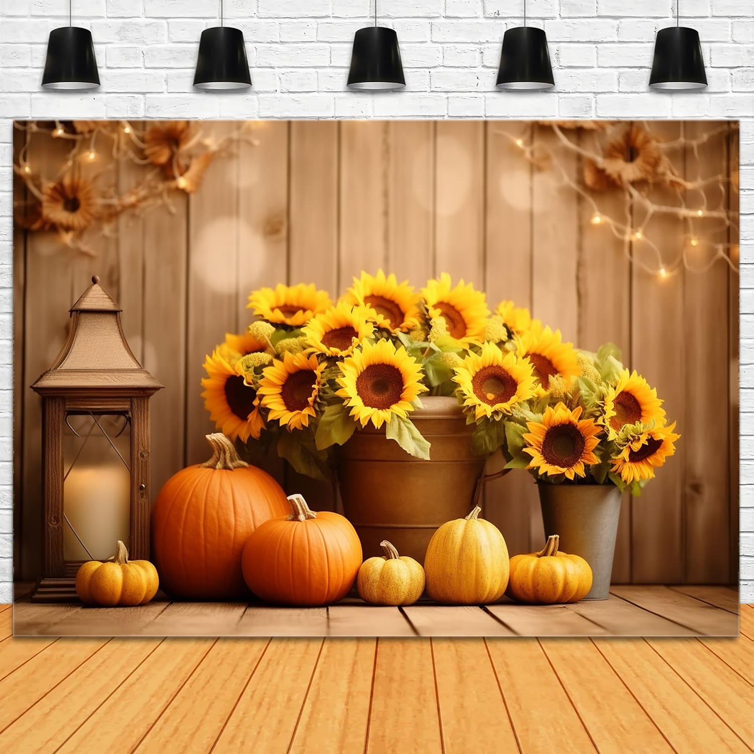 Toile de Fond en Bois avec Citrouilles et Tournesols d'Automne RR7-137