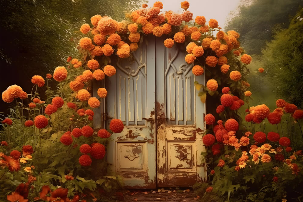 Toile de Fond de Porte avec Fleurs d'Automne pour Photographie RR7-143