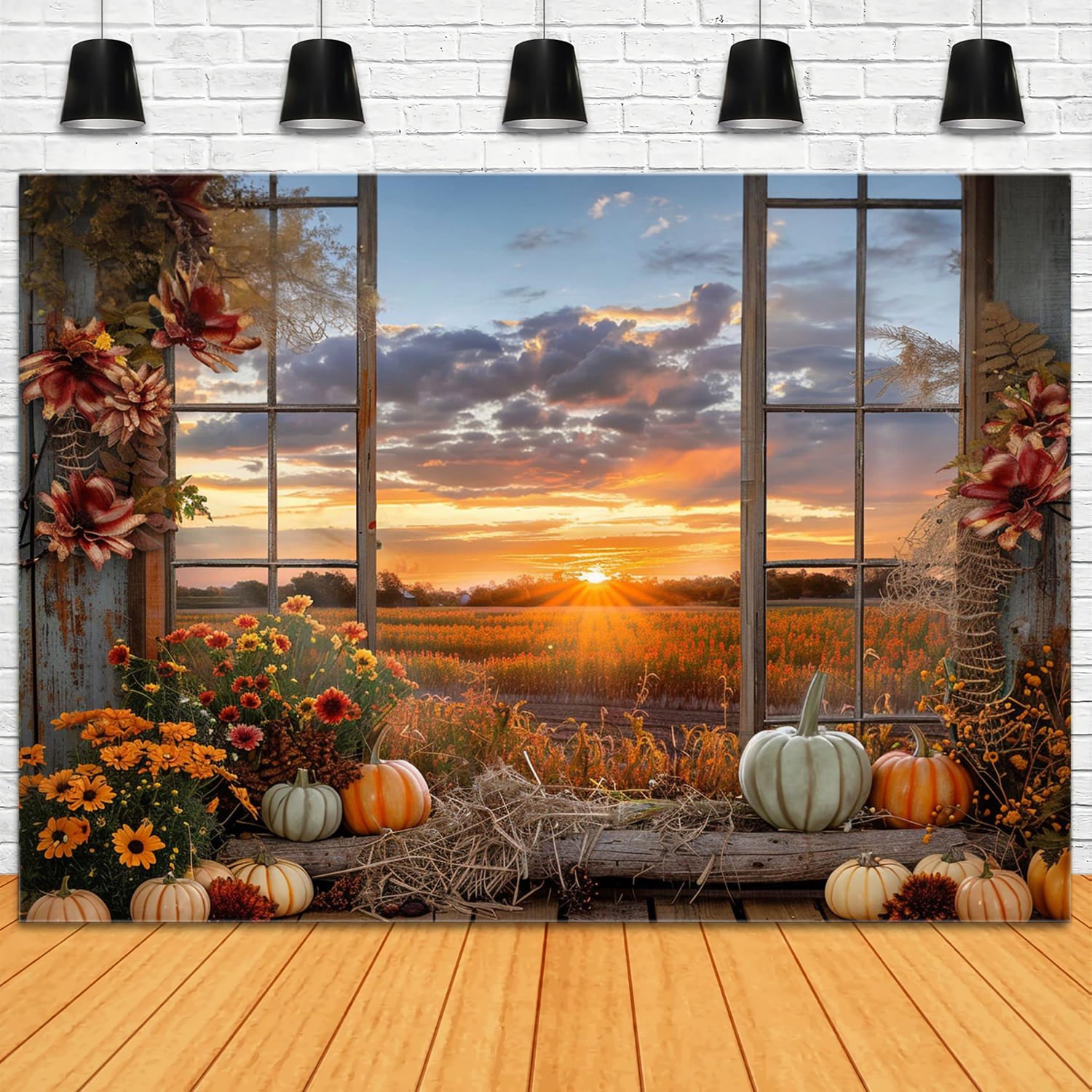 Toile de Fond de Paysage de Coucher de Soleil avec Citrouilles d'Automne RR7-151