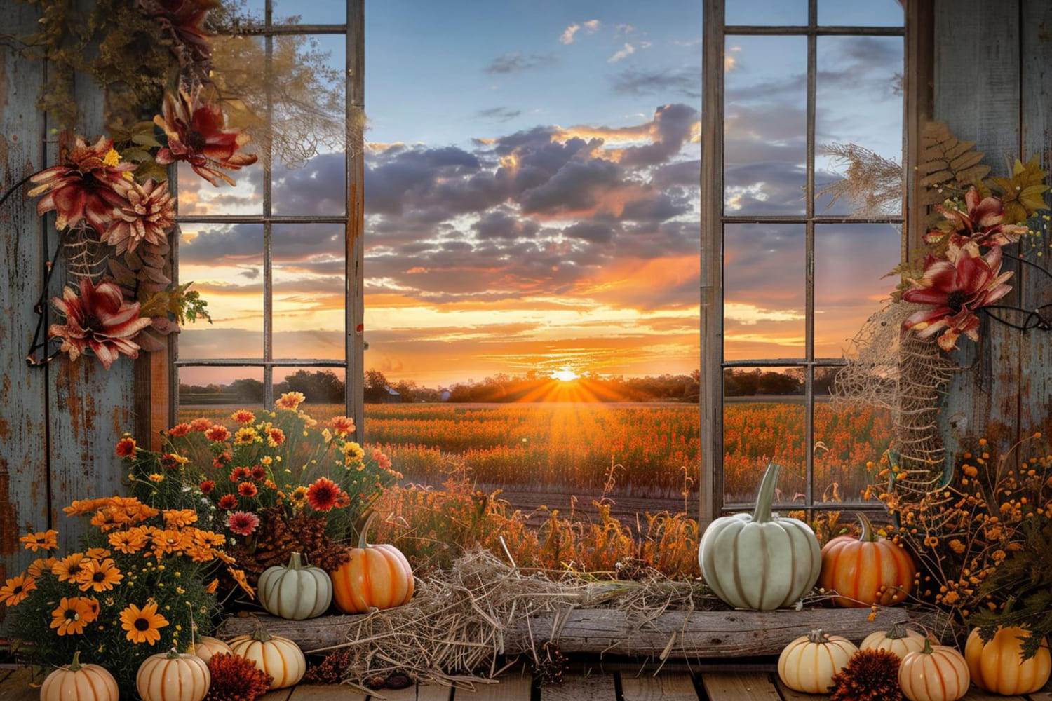 Toile de Fond de Paysage de Coucher de Soleil avec Citrouilles d'Automne RR7-151