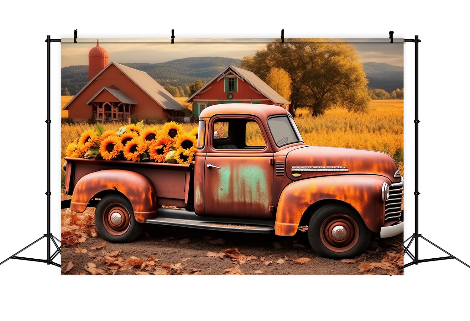 Toile de Fond de Vieux Camion avec Tournesols dans les Champs d'Automne RR7-158