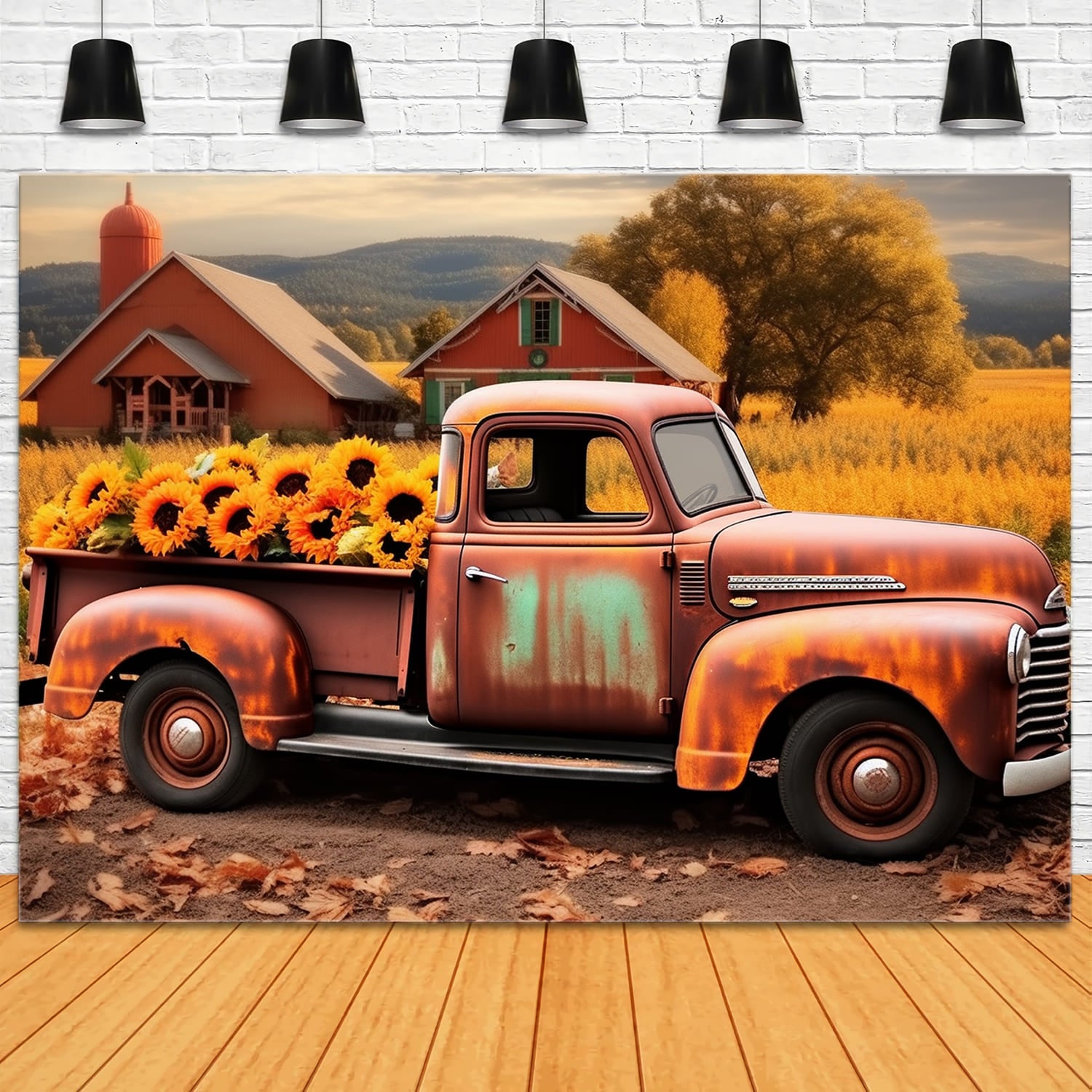 Toile de Fond de Vieux Camion avec Tournesols dans les Champs d'Automne RR7-158