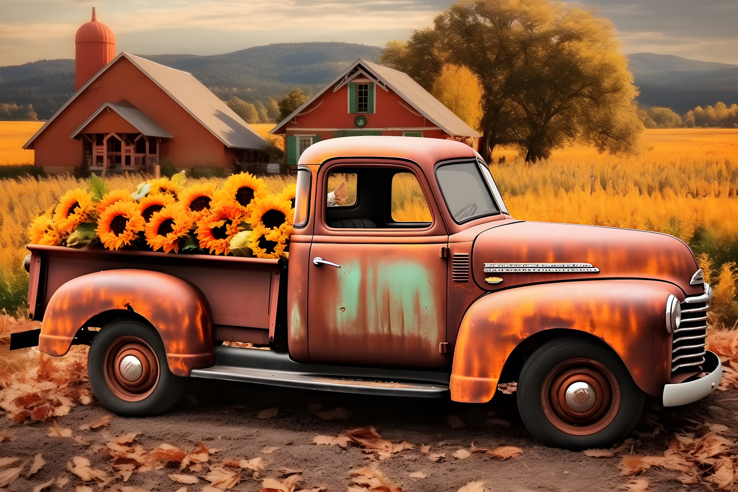 Toile de Fond de Vieux Camion avec Tournesols dans les Champs d'Automne RR7-158