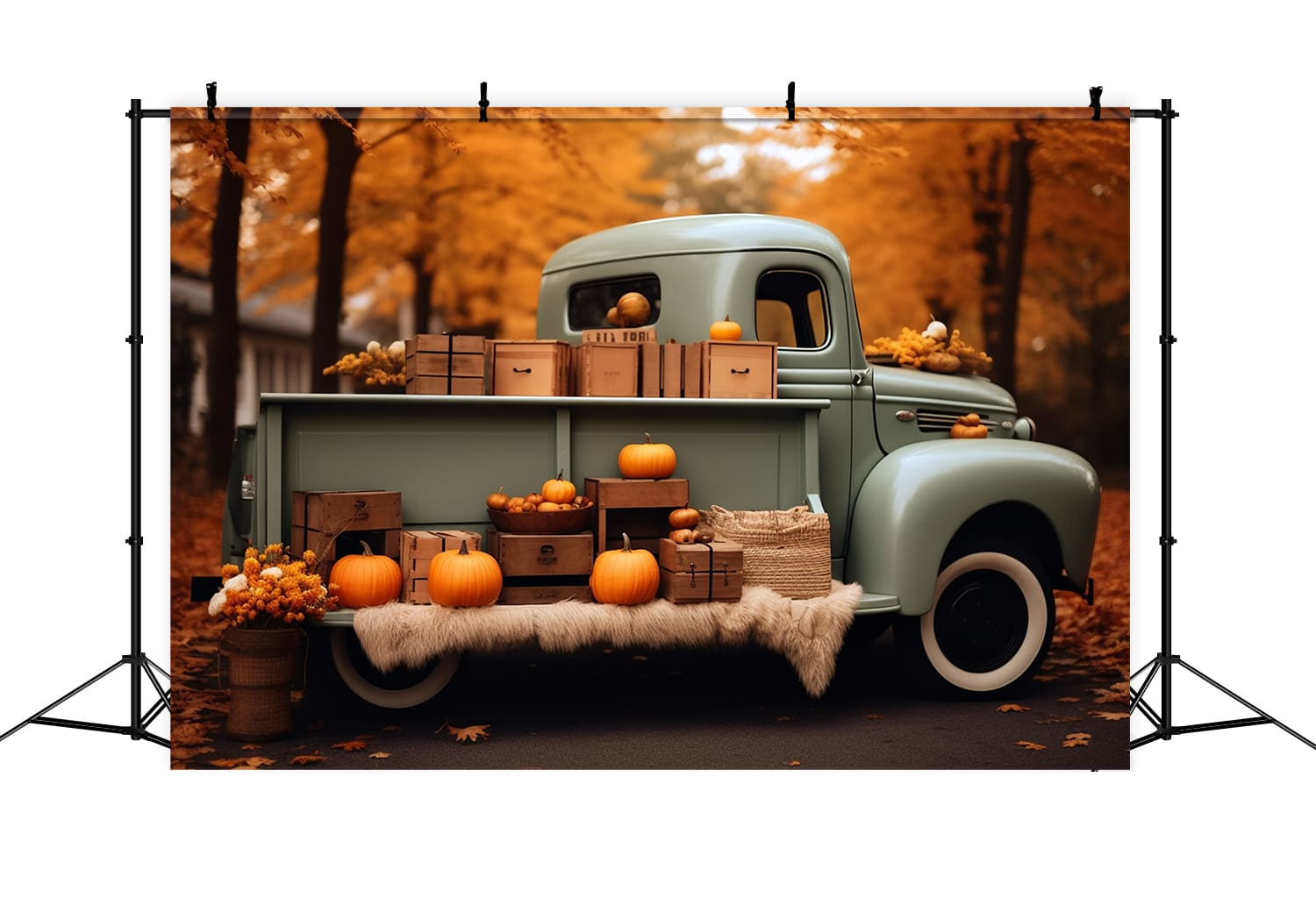 Toile de Fond de Récolte avec Camion Rétro dans la Forêt d'Automne RR7-159