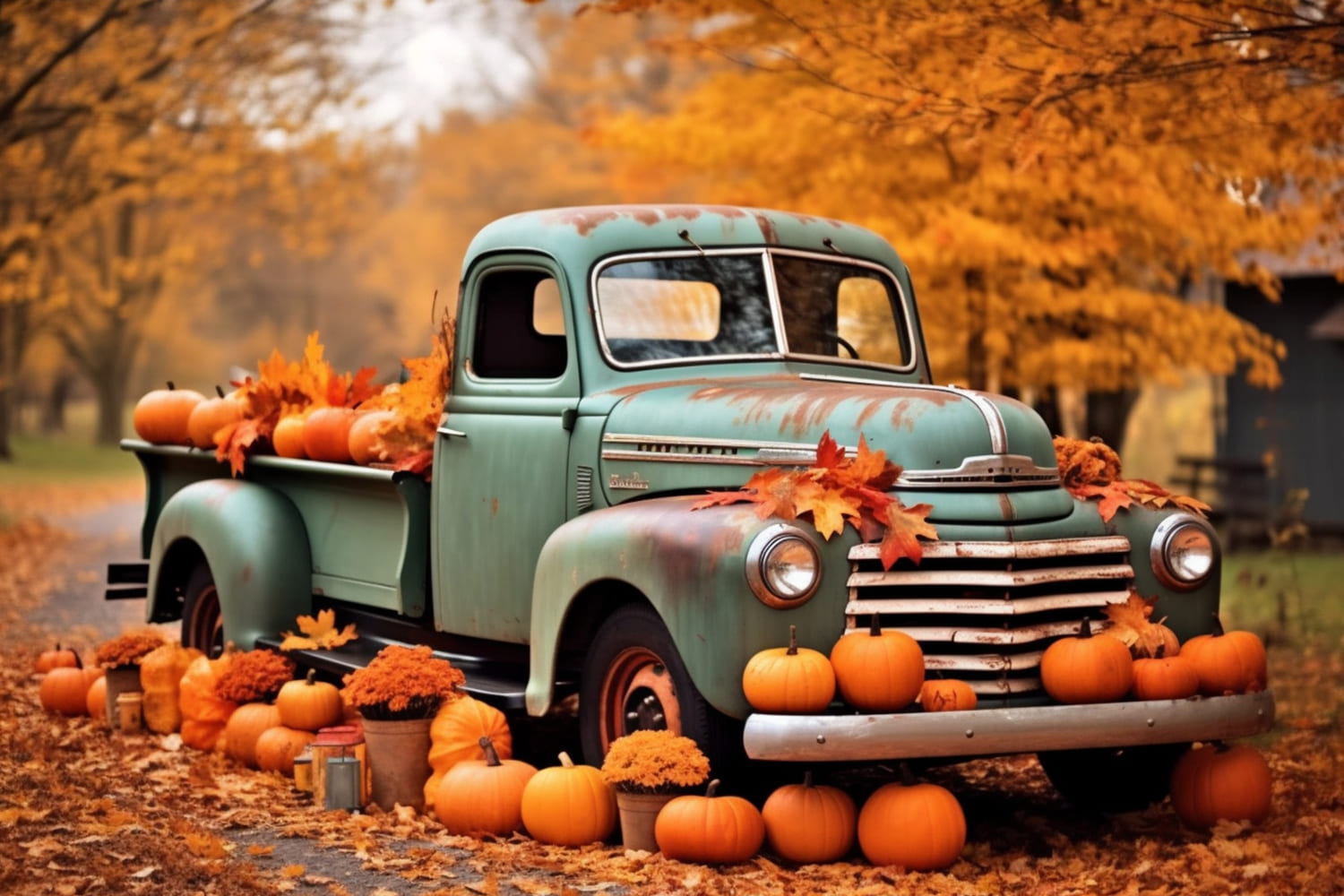 Toile de Fond de Camion avec Citrouilles et Arbres d'Érable d'Automne RR7-160