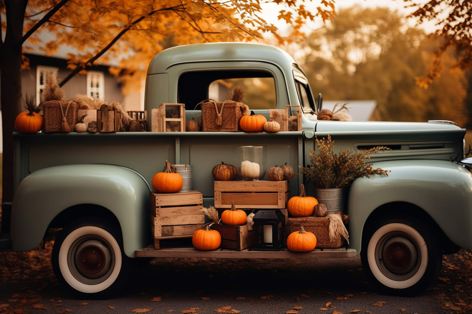 Toile de Fond de Camion Rétro avec Citrouilles de Récolte d'Automne RR7-162