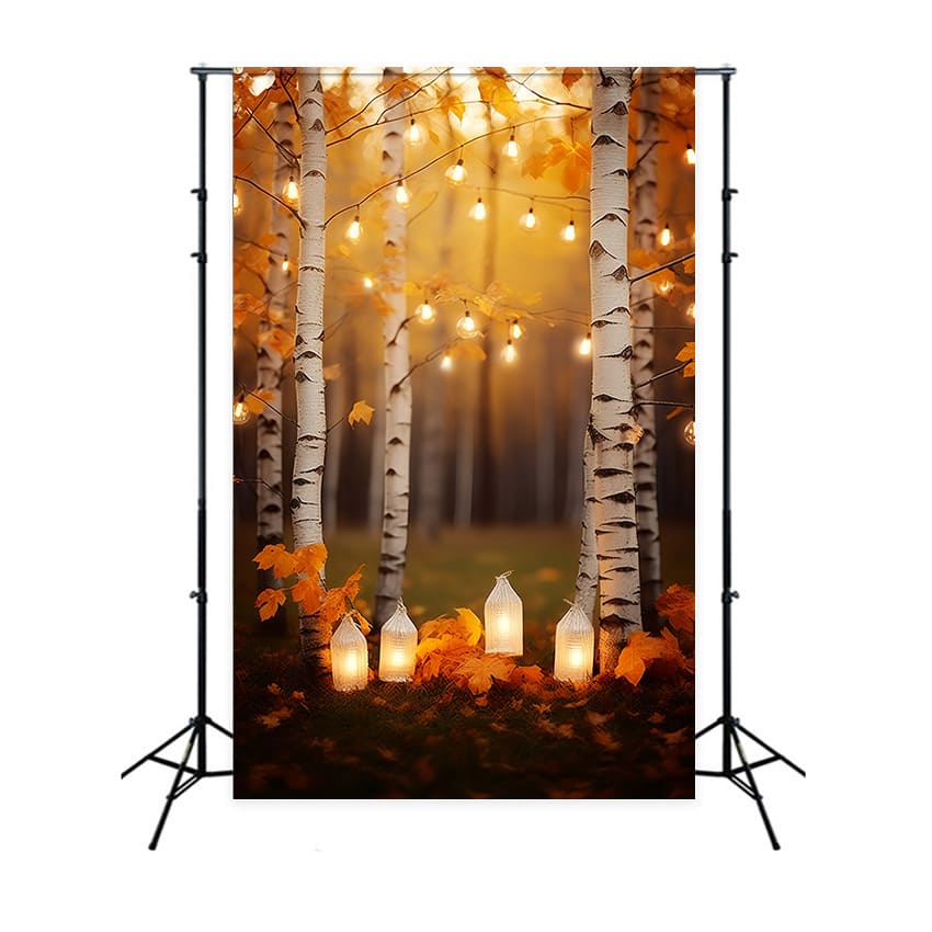 Toile de Fond de Forêt de Bouleaux avec Guirlandes Lumineuses d'Automne RR7-165