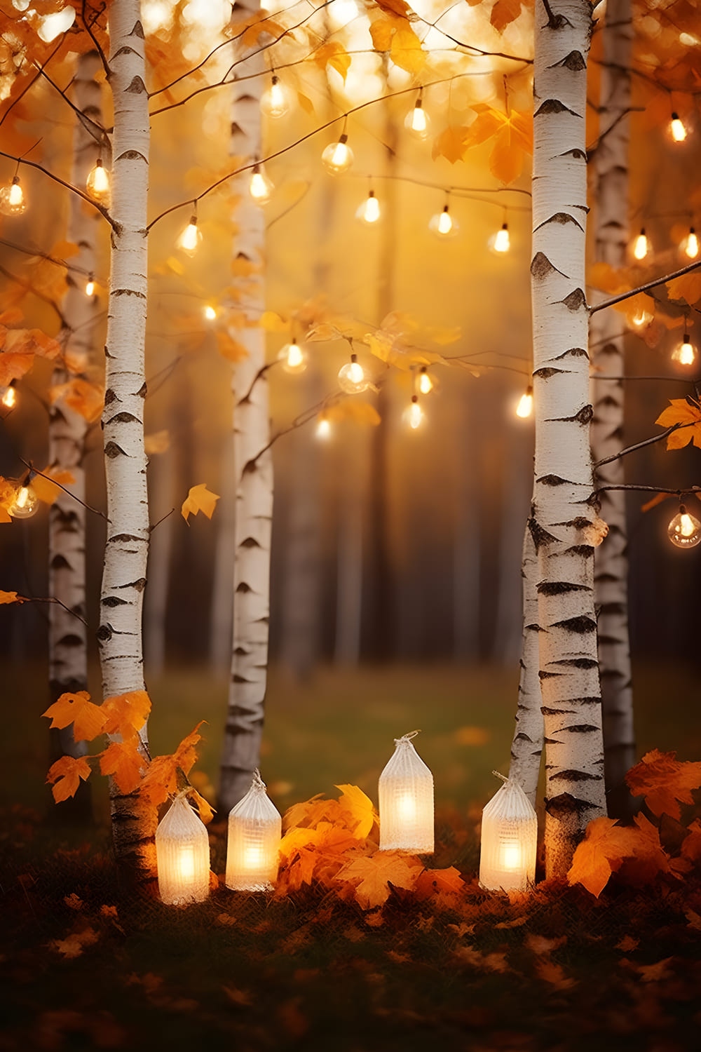 Toile de Fond de Forêt de Bouleaux avec Guirlandes Lumineuses d'Automne RR7-165