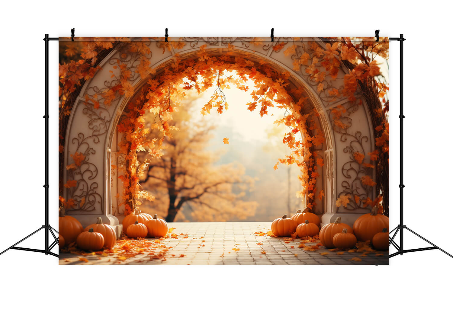 Toile de Fond de Feuilles d'Érable et Citrouilles sous une Arche d'Automne RR7-178