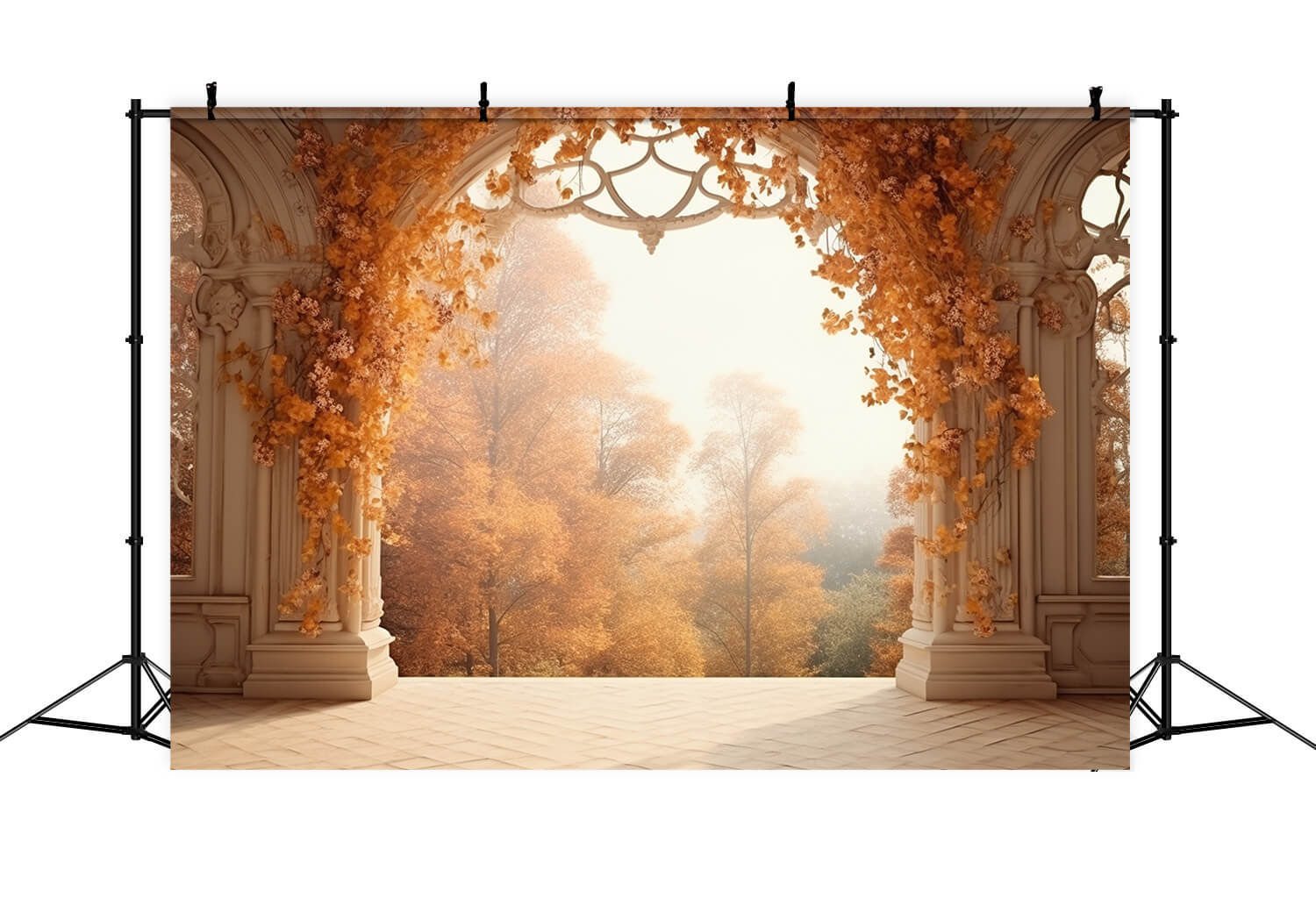 Toile de Fond de Paysage de Forêt avec Château sous une Arche d'Automne RR7-179