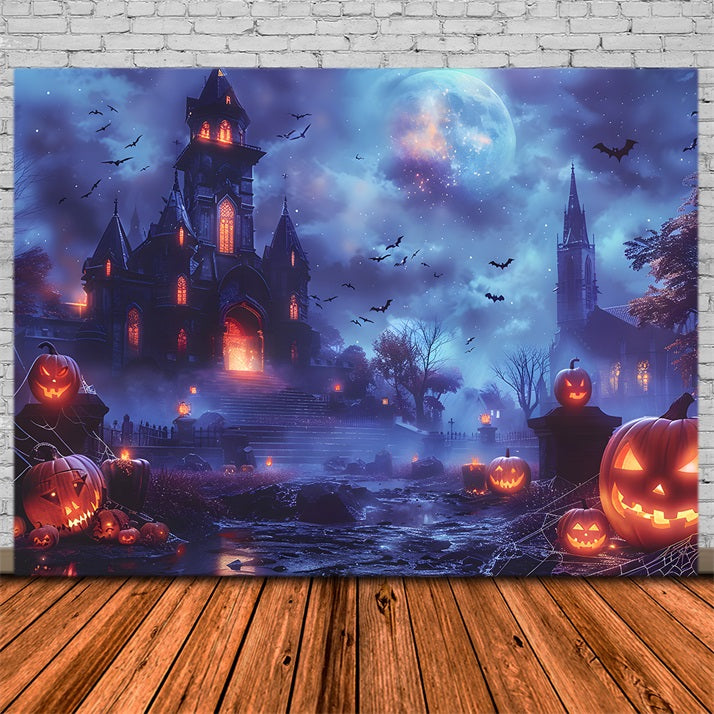 Toile de fond de château de citrouille enchantée d'Halloween RR7-246