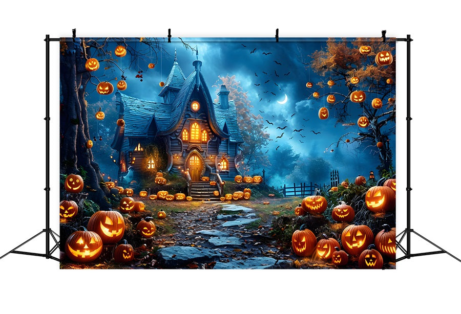 Toile de fond de chalet hanté de citrouille d'Halloween RR7-247