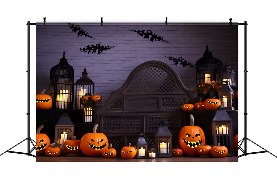 Toile de fond de château hanté de citrouille d'Halloween chauves-souris RR7-249