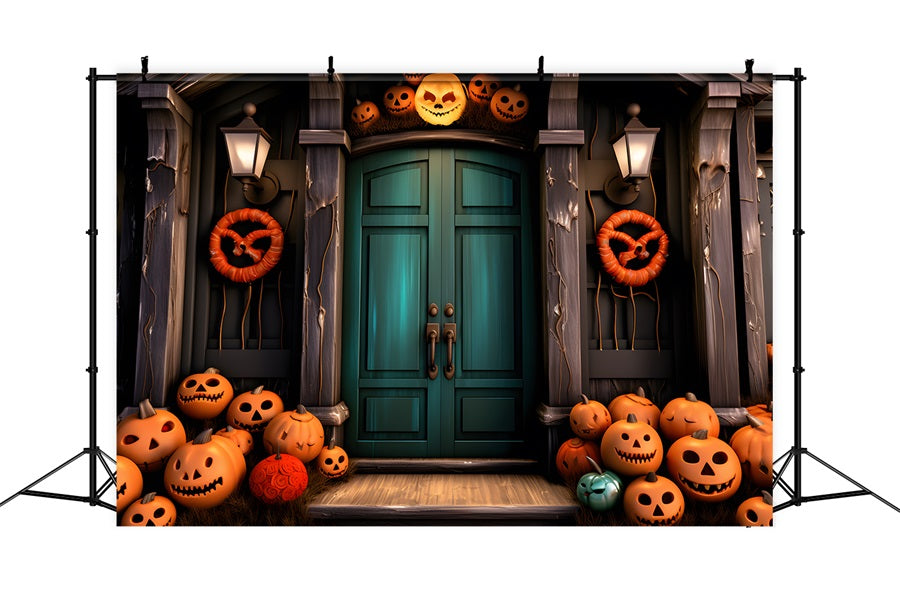 Toile de fond de porte hantée de citrouille d'Halloween avec couronnes RR7-250