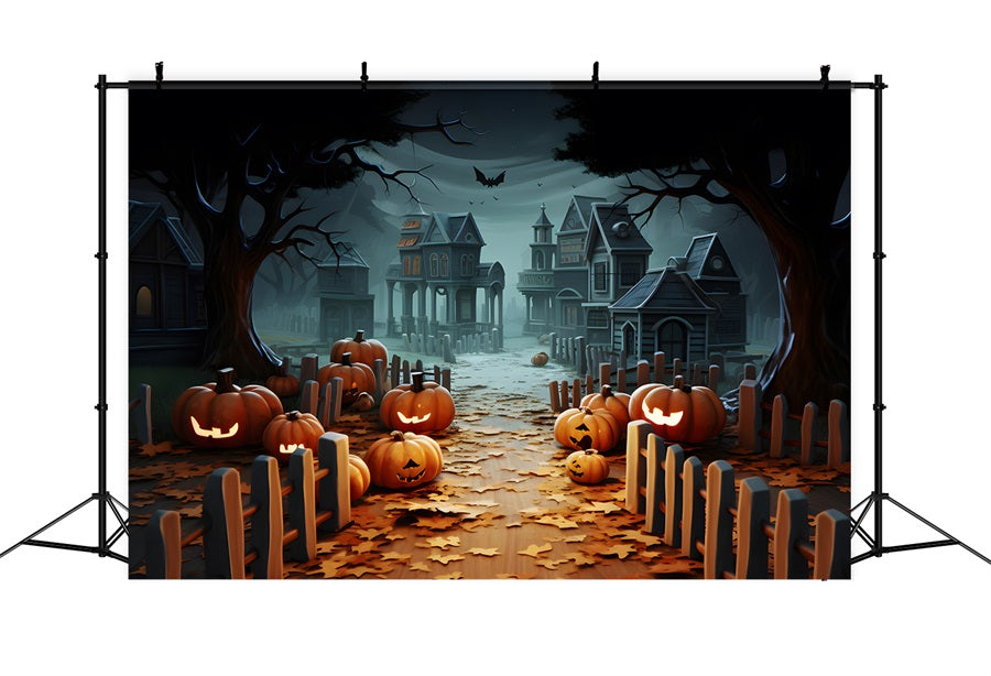 Toile de fond de chemin de village hanté de citrouille d'Halloween avec lanternes RR7-254