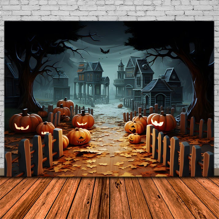 Toile de fond de chemin de village hanté de citrouille d'Halloween avec lanternes RR7-254