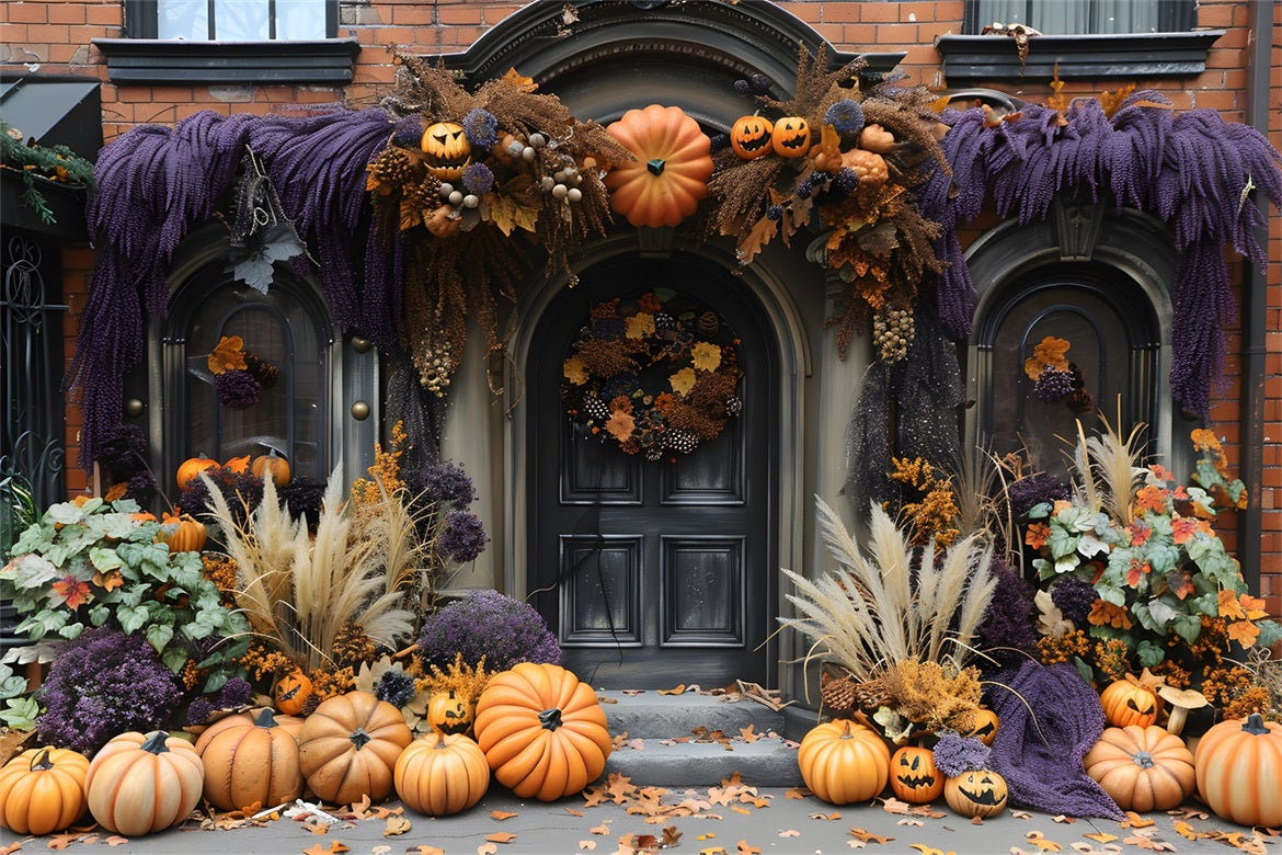 Toile de fond de porte élégante de citrouille d'Halloween avec lanternes RR7-255