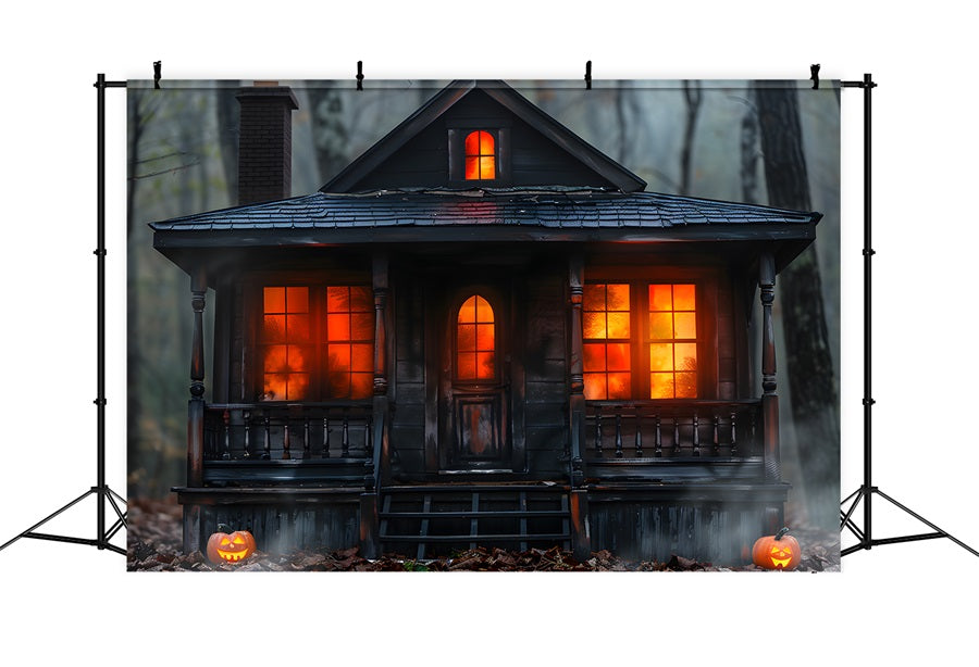 Toile de fond de cabane effrayante dans les bois avec citrouilles d'Halloween RR7-257