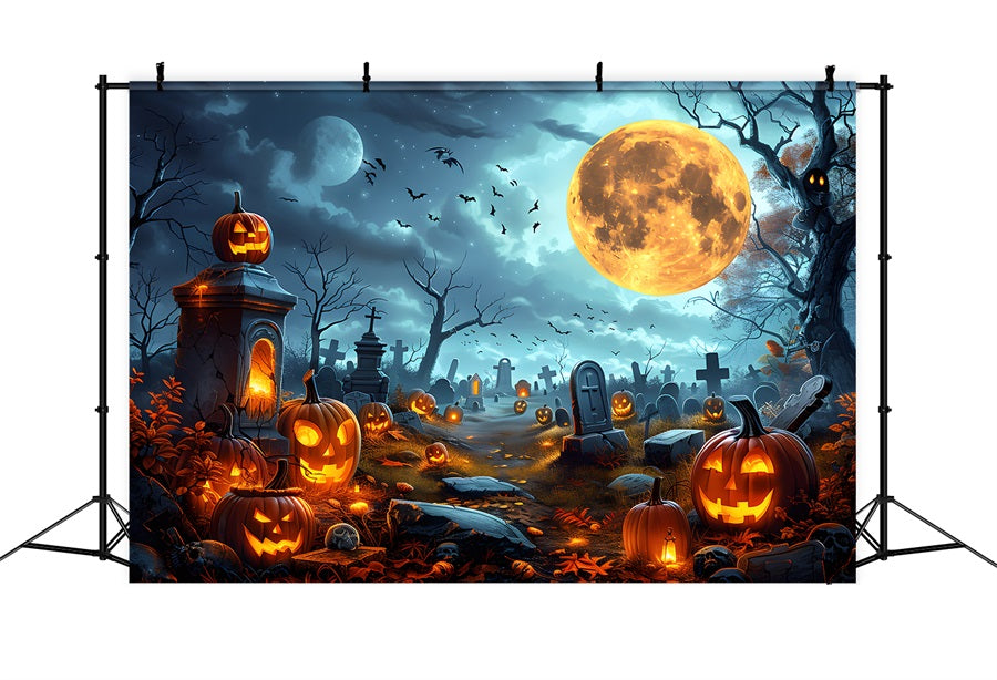 Toile de fond de cimetière à pleine lune avec lanternes de citrouille d'Halloween RR7-258