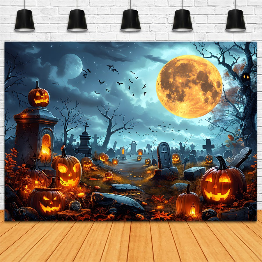 Toile de fond de cimetière à pleine lune avec lanternes de citrouille d'Halloween RR7-258