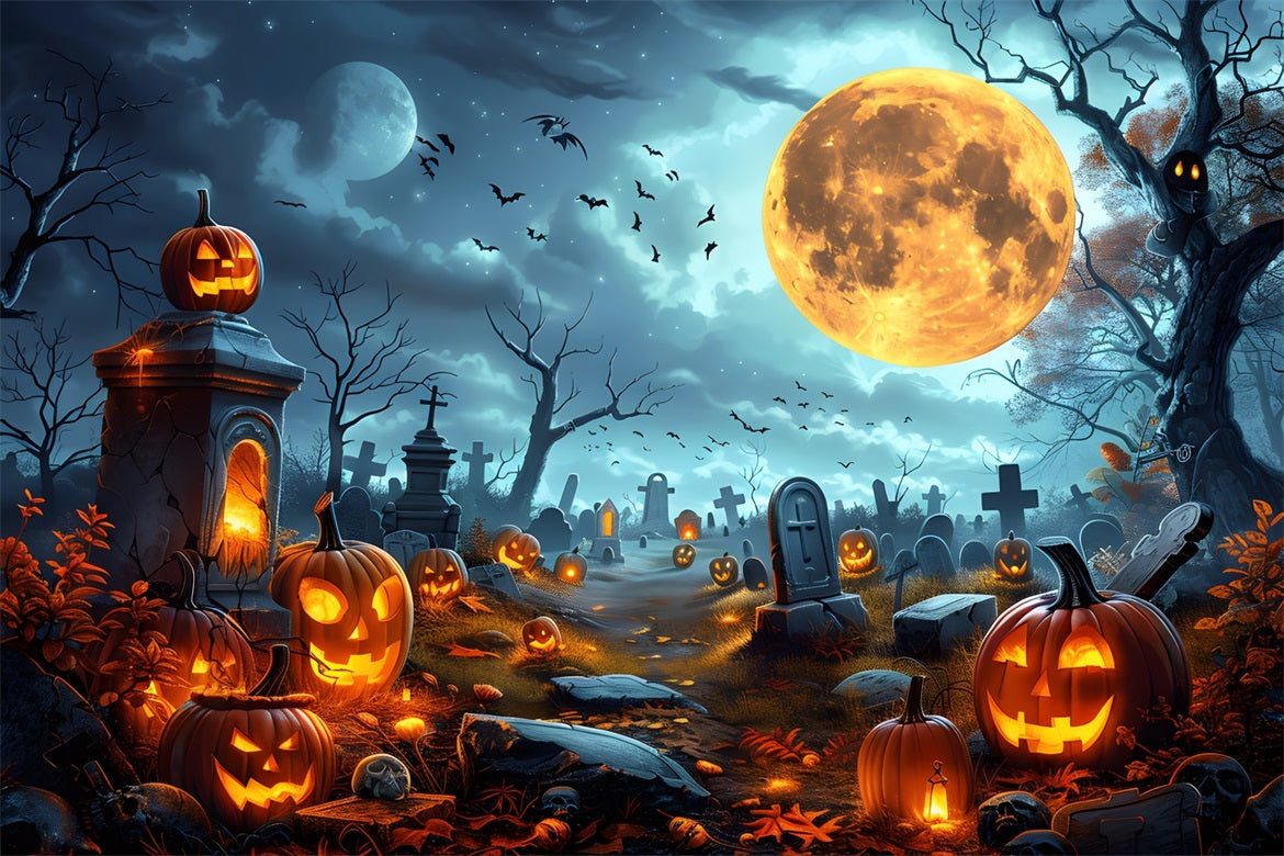 Toile de fond de cimetière à pleine lune avec lanternes de citrouille d'Halloween RR7-258